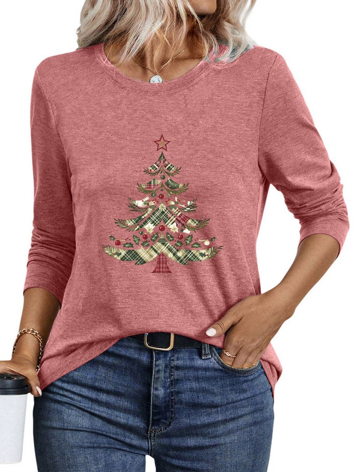 PYLIKE Longsleeve Damen bequemes Langarmshirts Locker Weihnachtsbaum Print-Shirt von PYLIKE