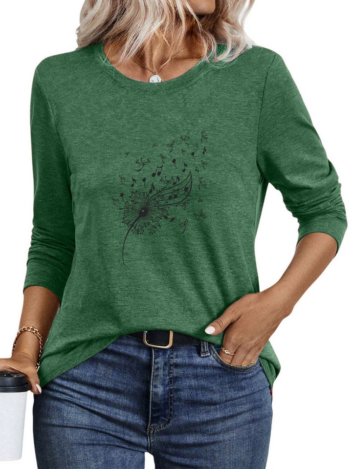 PYLIKE Longsleeve Damen bequemes Longsleeve Shirt Lockere Tops mit Löwenzahn Print Geeignet für den täglichen Gebrauch im Büro und zu Hause von PYLIKE