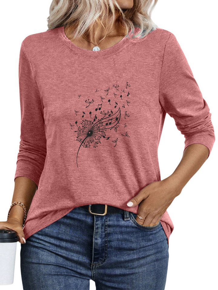 PYLIKE Longsleeve Damen bequemes Longsleeve Shirt Lockere Tops mit Löwenzahn Print Geeignet für den täglichen Gebrauch im Büro und zu Hause von PYLIKE