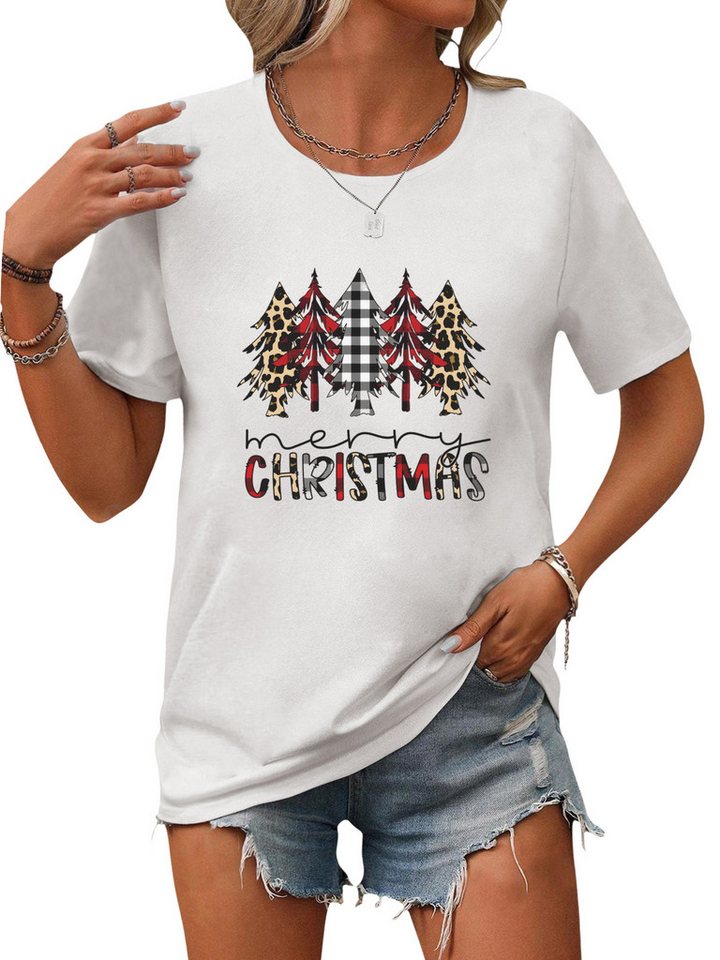 PYLIKE Print-Shirt Damen Bequemes Festlich T shirt mit Gitter Druck Weihnachten Special Feiertag tragen von PYLIKE