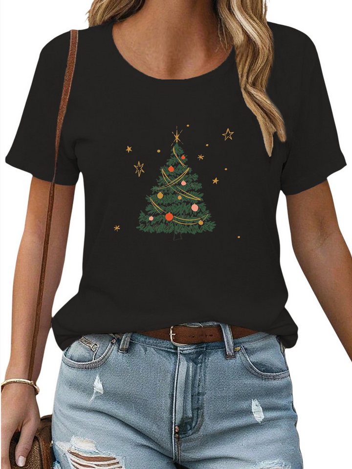 PYLIKE Print-Shirt Damen Bequemes Festlich T shirt mit Weihnachtsbaum Druck Weihnachten Special Feiertag tragen von PYLIKE