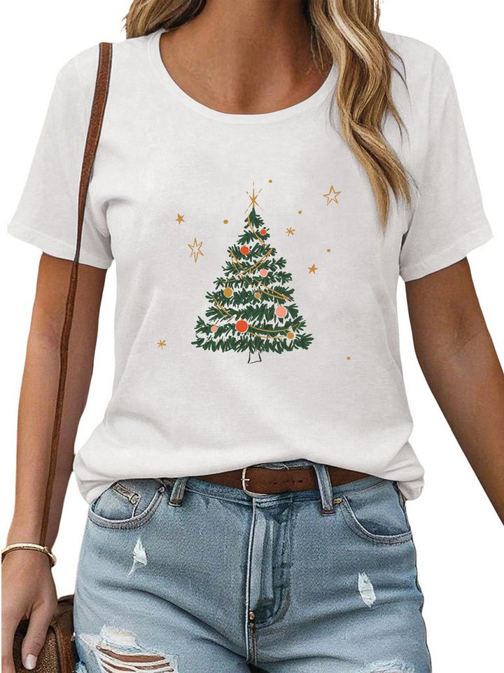 PYLIKE Print-Shirt Damen Bequemes Festlich T shirt mit Weihnachtsbaum Druck Weihnachten Special Feiertag tragen von PYLIKE