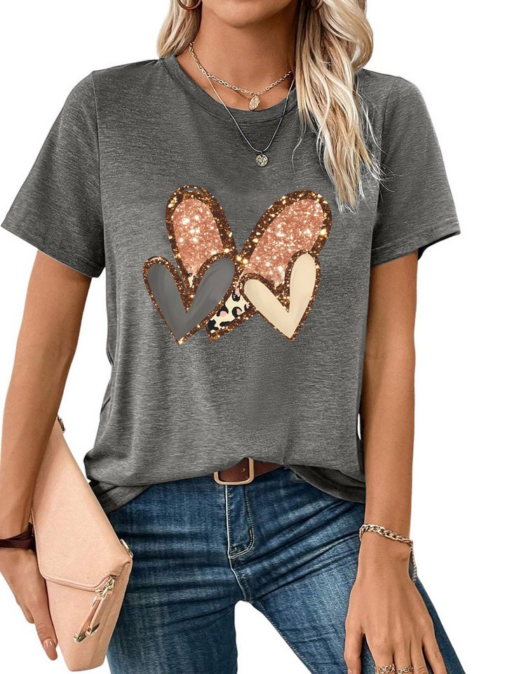 PYLIKE Print-Shirt Damen Casual bequemes t shirt mit Glänzend Liebe Print-Shirt Bequem für Freizeit und Büro,Strandurlaub von PYLIKE