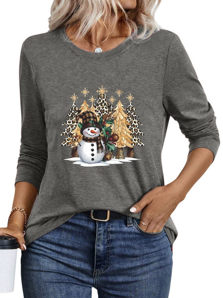 PYLIKE Print-Shirt Damen Langarm mit Weihnachten Druck bequemes Rundhalsshirt Weihnachts-Sonderanfertigungen von PYLIKE