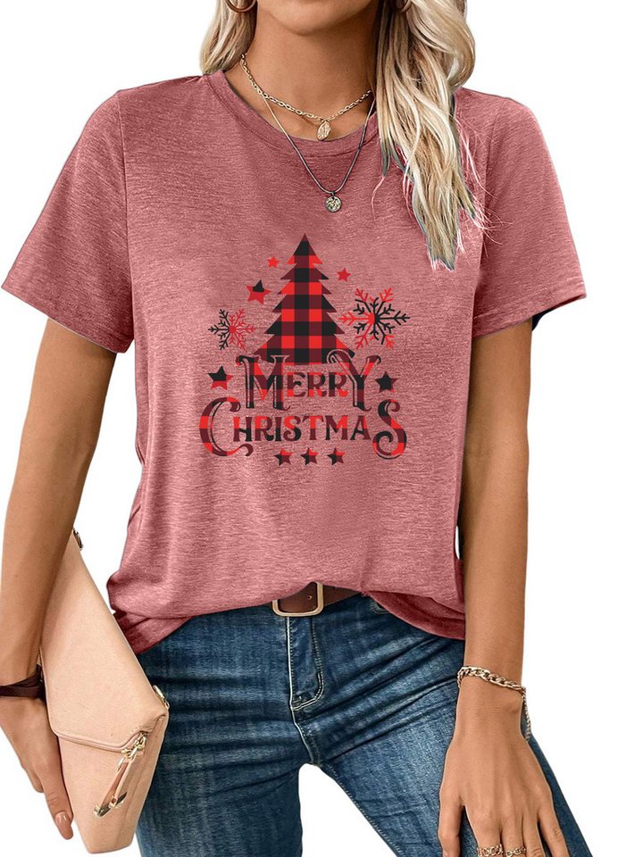 PYLIKE Print-Shirt Damen bequemes Festlich Kurzarmbluse Weihnachtsbaum Print-Shirt von PYLIKE