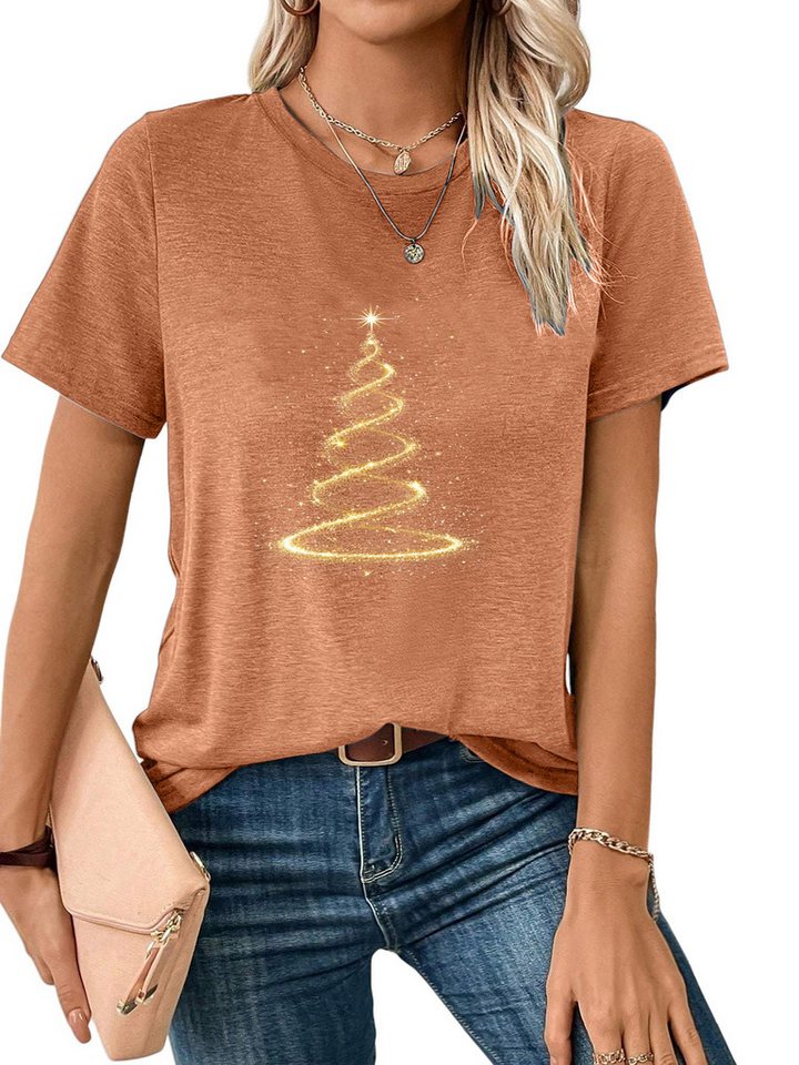 PYLIKE Print-Shirt Damen bequemes Kurzarmbluse Festlich Weihnachtsbaum Print-Shirt Weihnachten Special Feiertag tragen von PYLIKE