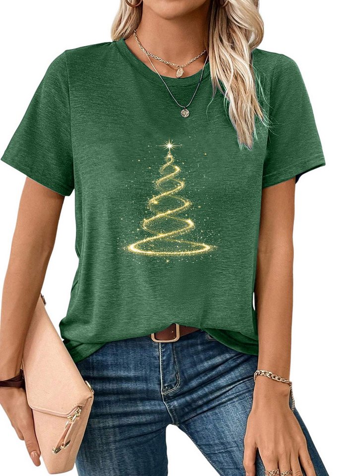 PYLIKE Print-Shirt Damen bequemes Kurzarmbluse Festlich Weihnachtsbaum Print-Shirt Weihnachten Special Feiertag tragen von PYLIKE