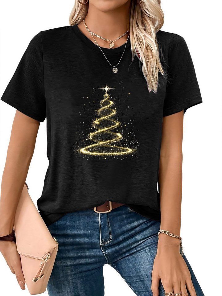 PYLIKE Print-Shirt Damen bequemes Kurzarmbluse Festlich Weihnachtsbaum Print-Shirt Weihnachten Special Feiertag tragen von PYLIKE