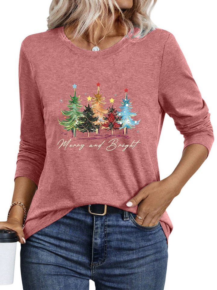 PYLIKE Print-Shirt Damen bequemes Langarmshirts Festlich Weihnachtsbaum Print Weihnachts-Sonderanfertigungen von PYLIKE
