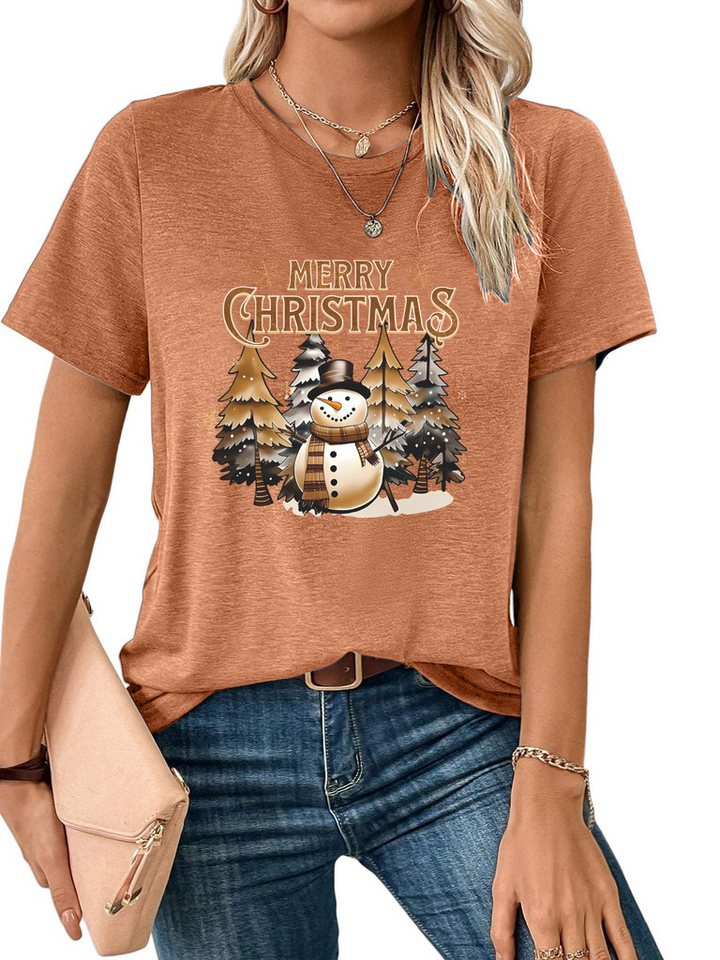 PYLIKE Print-Shirt Damen bequemes Oversize-Shirt Kurzarm Lockere Tops MIT Schneemann Weihnachten Special Feiertag tragen von PYLIKE