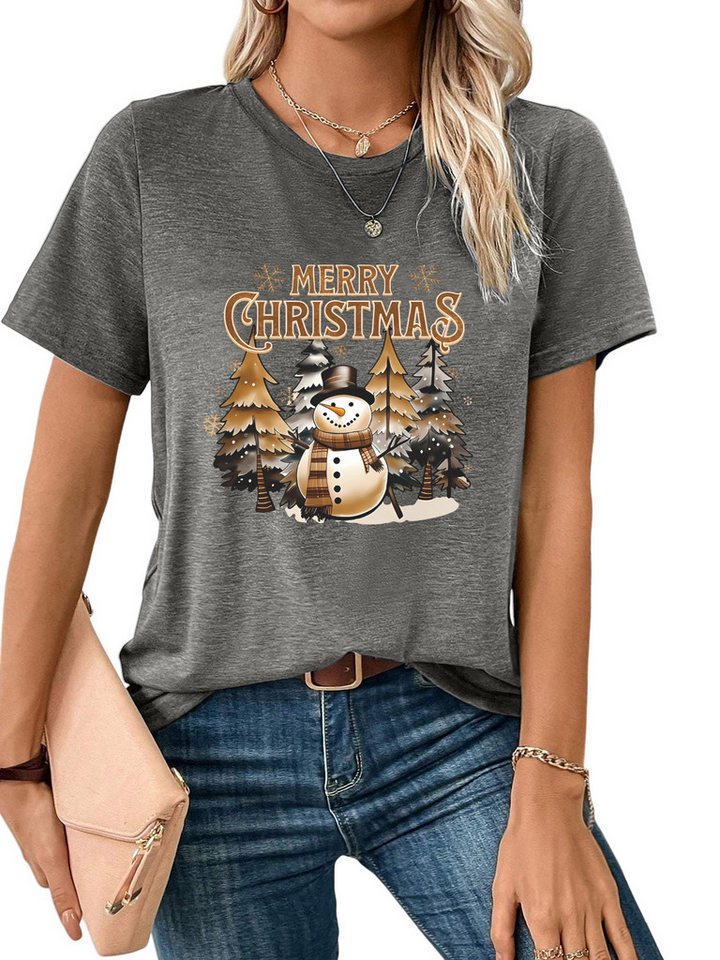 PYLIKE Print-Shirt Damen bequemes Oversize-Shirt Kurzarm Lockere Tops MIT Schneemann Weihnachten Special Feiertag tragen von PYLIKE