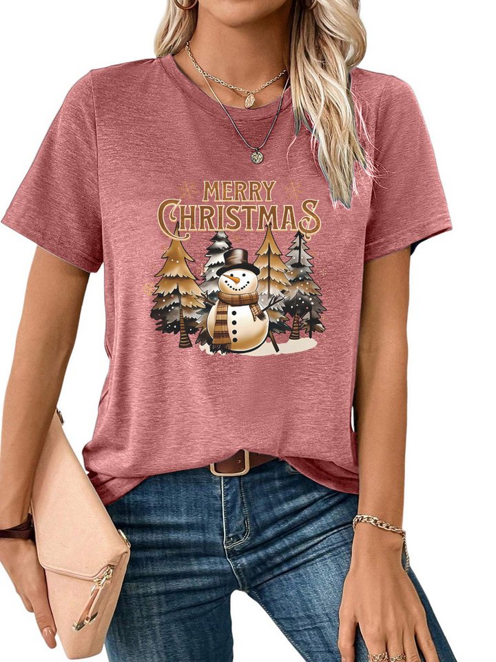 PYLIKE Print-Shirt Damen bequemes Oversize-Shirt Kurzarm Lockere Tops MIT Schneemann Weihnachten Special Feiertag tragen von PYLIKE