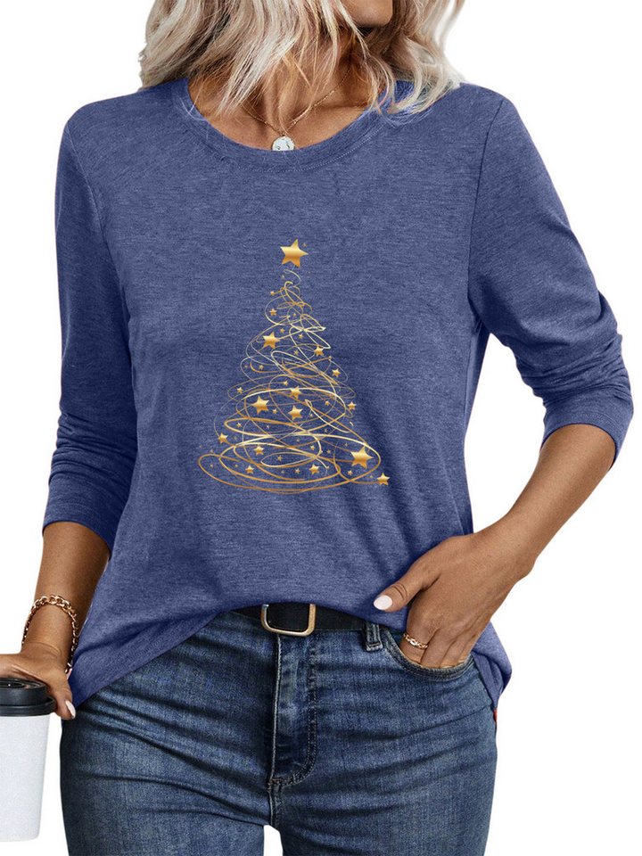 PYLIKE Print-Shirt Damen bequemes Rundhalsshirt mit Goldshan Weihnachtsbaum Print Weihnachts-Sonderanfertigungen von PYLIKE