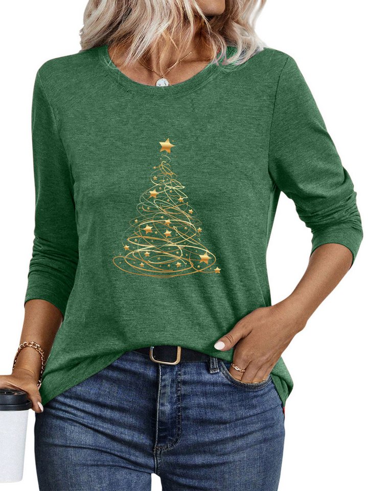 PYLIKE Print-Shirt Damen bequemes Rundhalsshirt mit Goldshan Weihnachtsbaum Print Weihnachts-Sonderanfertigungen von PYLIKE