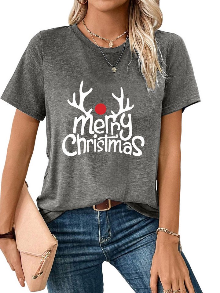 PYLIKE Print-Shirt Damen bequemes festlich Basic-Shirts Kurzarm Lockere Tops Weihnachten Special Feiertag tragen von PYLIKE
