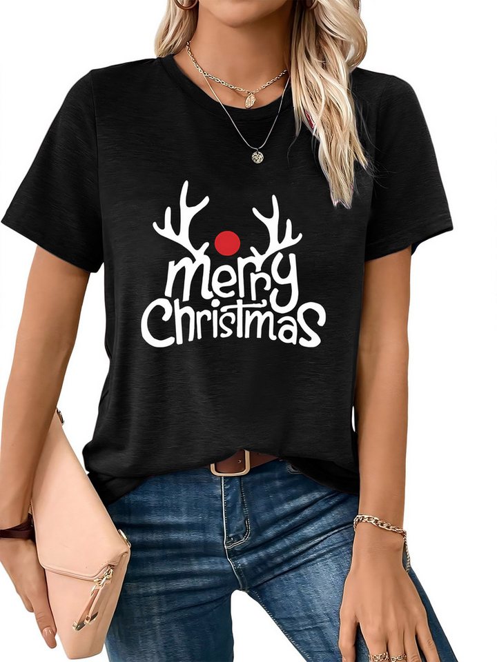 PYLIKE Print-Shirt Damen bequemes festlich Basic-Shirts Kurzarm Lockere Tops Weihnachten Special Feiertag tragen von PYLIKE