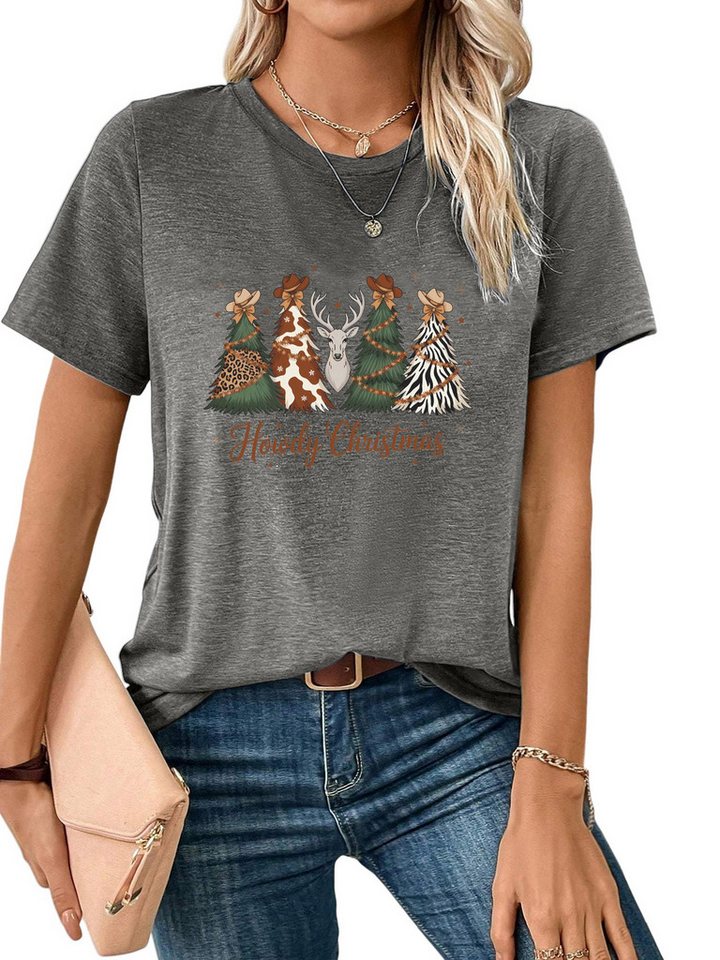 PYLIKE Print-Shirt Damen bequemes t shirt mit Weihnachtsrentier Print-Shirt Weihnachten Special Feiertag tragen von PYLIKE