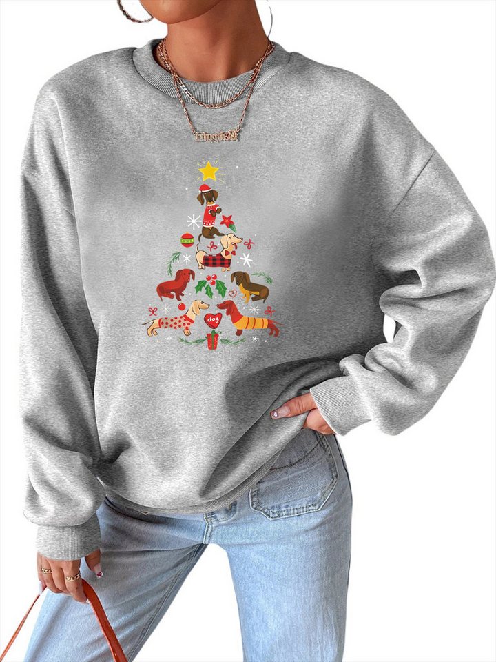 PYLIKE Rundhalspullover Damen Festival Fleecepullover mit Weihnachtsbaum Druck Bequem für Weihnachten Herbst & Winter von PYLIKE