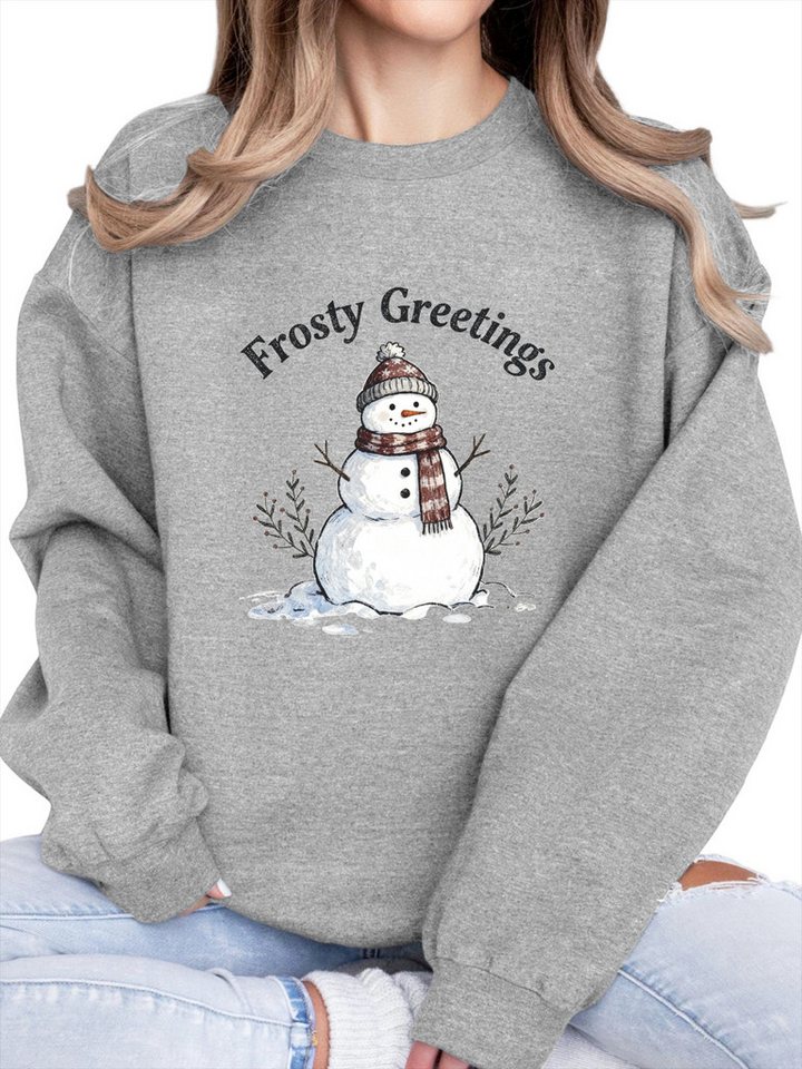 PYLIKE Rundhalspullover Damen Fleecepullover Oversized Sweatshirt mit Schneemann Print Bequem für Herbst & Winter von PYLIKE