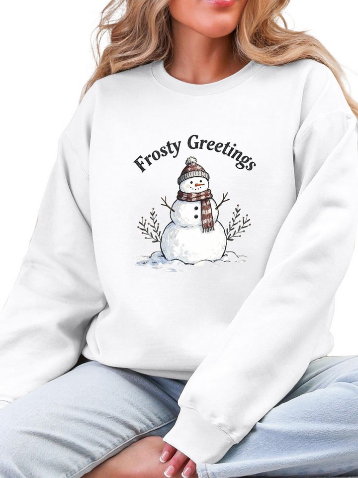 PYLIKE Rundhalspullover Damen Fleecepullover Oversized Sweatshirt mit Schneemann Print Bequem für Herbst & Winter von PYLIKE