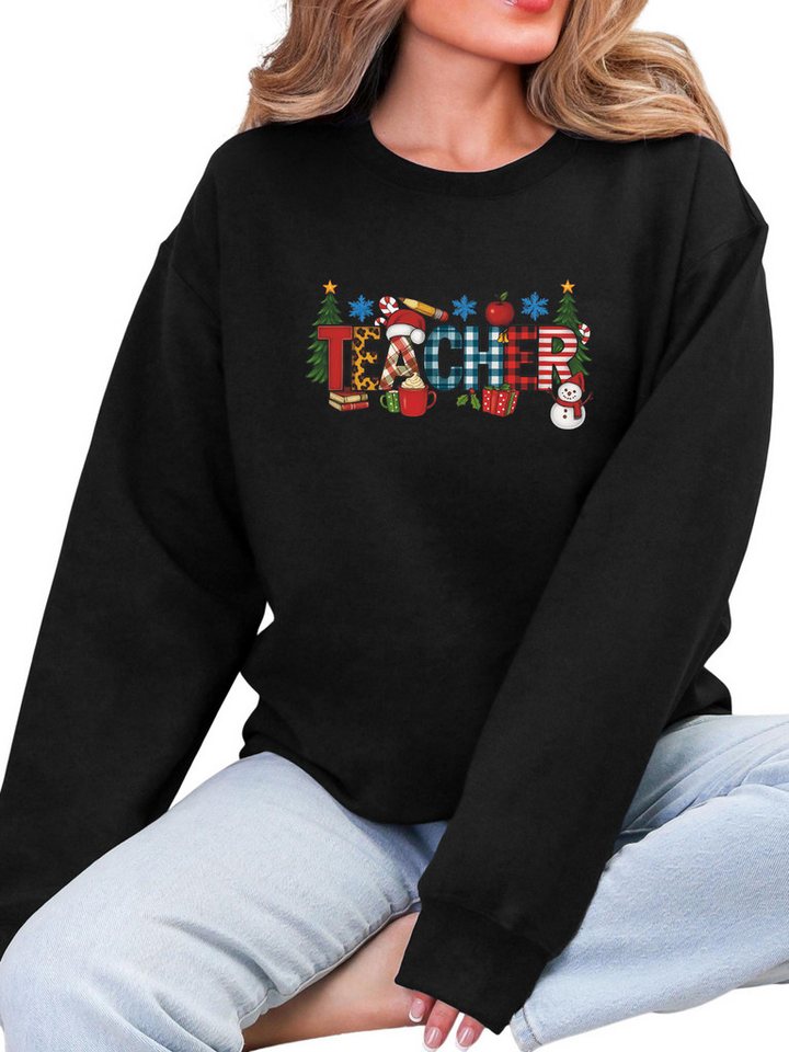 PYLIKE Rundhalspullover Damen Pullover mit ’Christmas ‘ Brief Print für Heiligabend Besondere Weihnachts-Outfits von PYLIKE