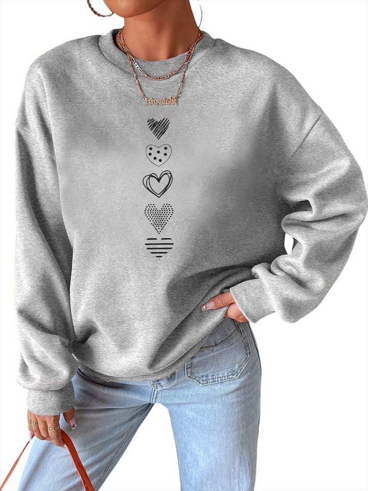 PYLIKE Rundhalspullover Damen Rundhals Sweatshirt mit Doodle-Herz Print Besondere Weihnachts-Outfits von PYLIKE