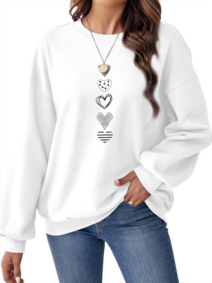 PYLIKE Rundhalspullover Damen Rundhals Sweatshirt mit Doodle-Herz Print Besondere Weihnachts-Outfits von PYLIKE