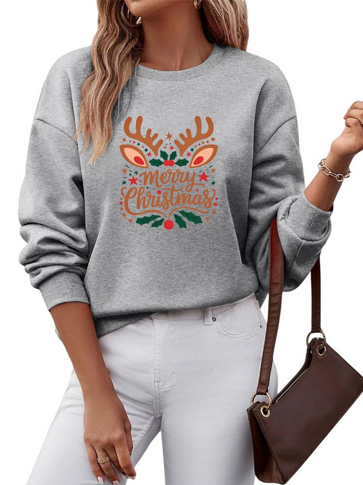 PYLIKE Rundhalspullover Damen Rundhalsausschnitt Oversized Sweatshirt mit Christmas Print von PYLIKE
