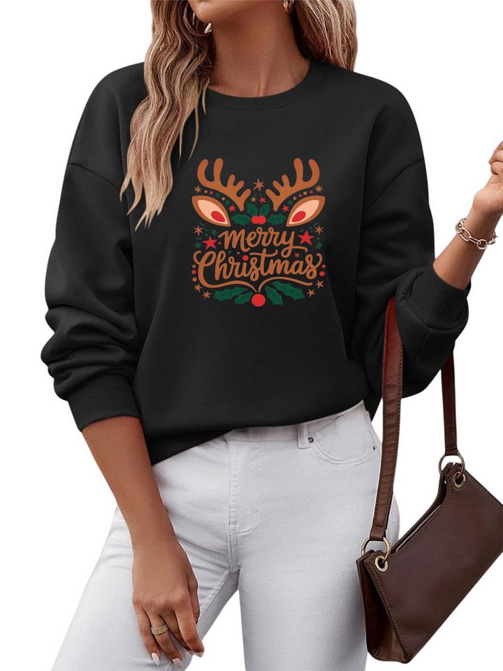PYLIKE Rundhalspullover Damen Rundhalsausschnitt Oversized Sweatshirt mit Christmas Print von PYLIKE