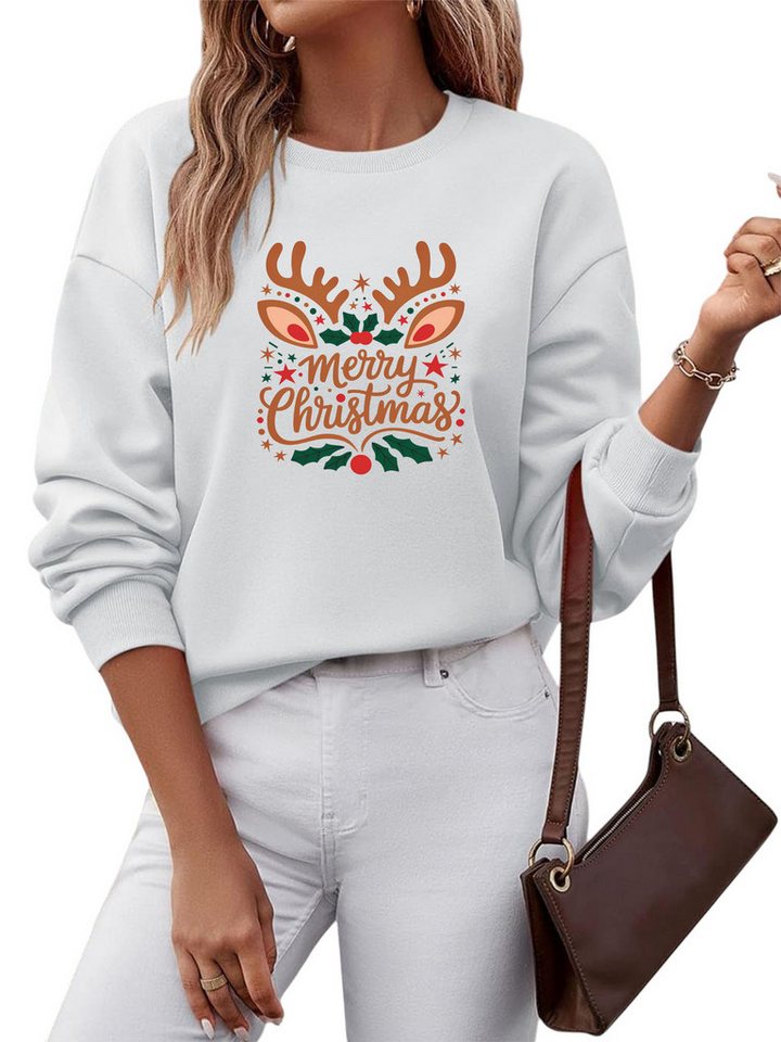 PYLIKE Rundhalspullover Damen Rundhalsausschnitt Oversized Sweatshirt mit Christmas Print von PYLIKE
