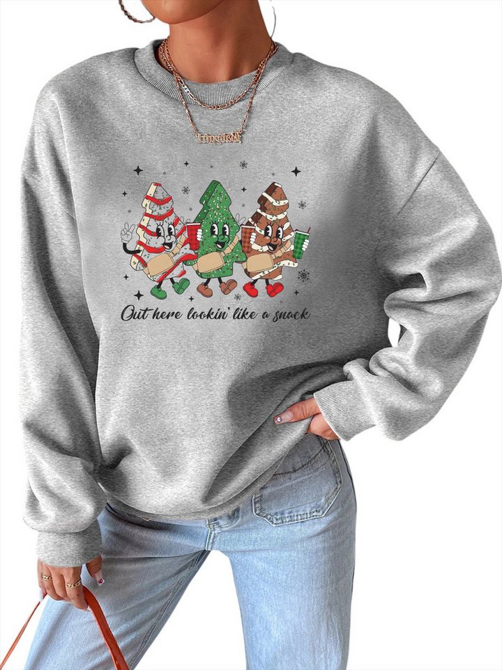 PYLIKE Rundhalspullover Damen Rundhalsausschnitt mit Weihnachtsbaum-Cartoon Print Bequem für festlich-Weihnachten Herbst & Winter von PYLIKE