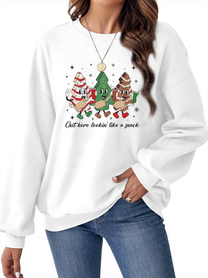 PYLIKE Rundhalspullover Damen Rundhalsausschnitt mit Weihnachtsbaum-Cartoon Print Bequem für festlich-Weihnachten Herbst & Winter von PYLIKE