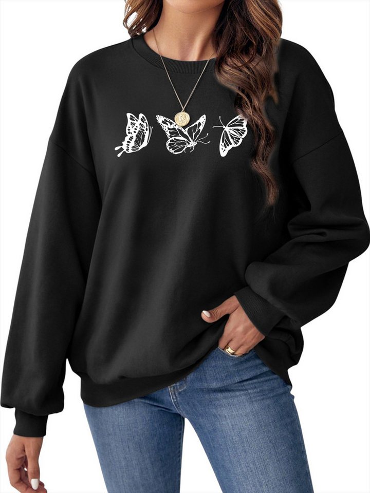PYLIKE Rundhalspullover Damen Sweatshirt mit Schmetterling Print, Langarm Fleecepullover Bequem für Herbst & Winter von PYLIKE