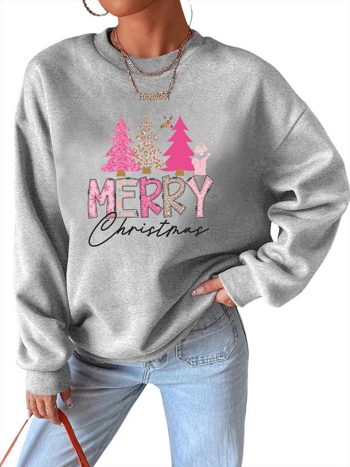 PYLIKE Rundhalspullover Fleecepullover Damen,Lockerem Fit Sweatshirt mit Weihnachtsbaum Print Besondere Weihnachts-Outfits von PYLIKE