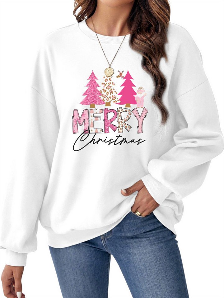 PYLIKE Rundhalspullover Fleecepullover Damen,Lockerem Fit Sweatshirt mit Weihnachtsbaum Print Besondere Weihnachts-Outfits von PYLIKE