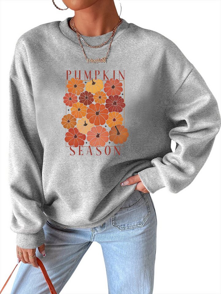 PYLIKE Rundhalspullover Fleecepullover Damen,Sweatshirt mit Kürbis Print,Langarm Lockerem Fit Bequem für Herbst & Winter von PYLIKE