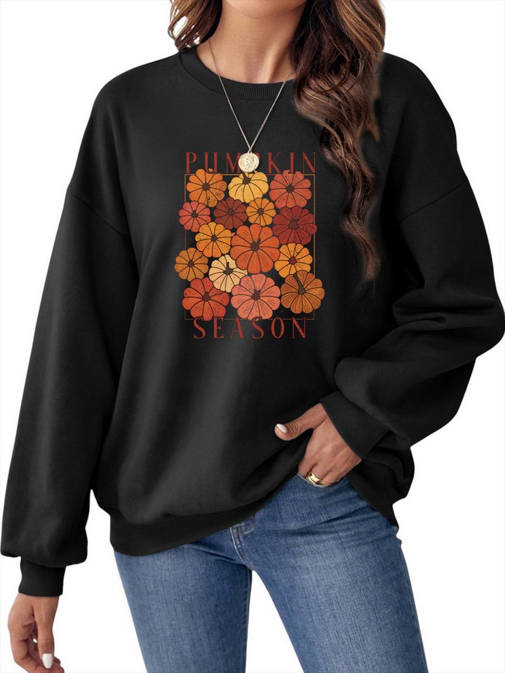 PYLIKE Rundhalspullover Fleecepullover Damen,Sweatshirt mit Kürbis Print,Langarm Lockerem Fit Bequem für Herbst & Winter von PYLIKE