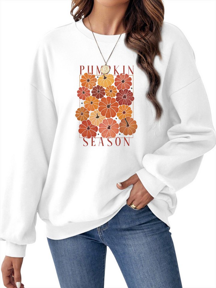 PYLIKE Rundhalspullover Fleecepullover Damen,Sweatshirt mit Kürbis Print,Langarm Lockerem Fit Bequem für Herbst & Winter von PYLIKE
