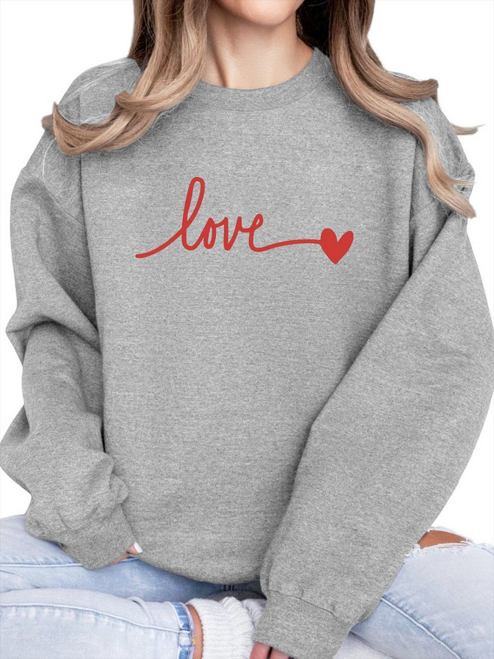 PYLIKE Rundhalspullover Fleecepullover Damen,Sweatshirt mit Liebe Print,Langarm Lockerem Fit Bequem für Herbst & Winter von PYLIKE