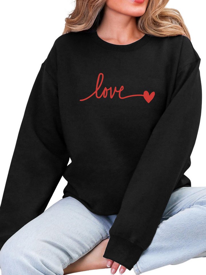 PYLIKE Rundhalspullover Fleecepullover Damen,Sweatshirt mit Liebe Print,Langarm Lockerem Fit Bequem für Herbst & Winter von PYLIKE