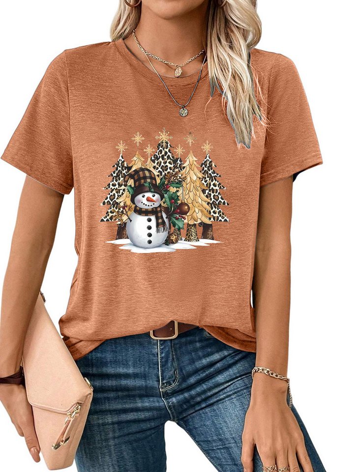 PYLIKE Rundhalsshirt Bequemes Shirt Damen Festlich Basic-Shirt mit Schneemann Print von PYLIKE
