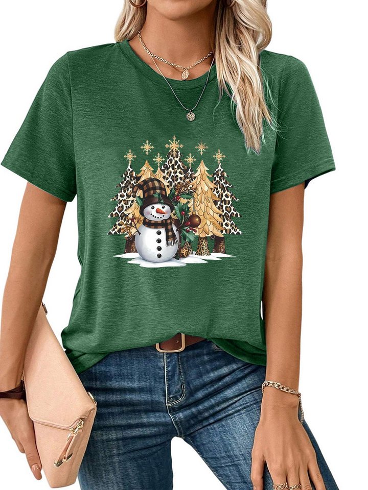 PYLIKE Rundhalsshirt Bequemes Shirt Damen Festlich Basic-Shirt mit Schneemann Print von PYLIKE