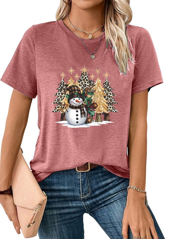 PYLIKE Rundhalsshirt Bequemes Shirt Damen Festlich Basic-Shirt mit Schneemann Print von PYLIKE