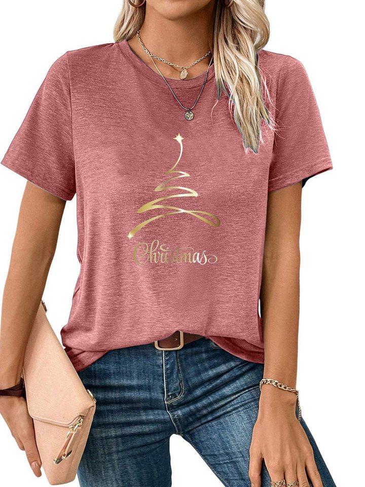 PYLIKE Rundhalsshirt Bequemes Shirt Damen Festlich Basic-Shirt mit Weihnachten Print Weihnachten Special Feiertag tragen von PYLIKE