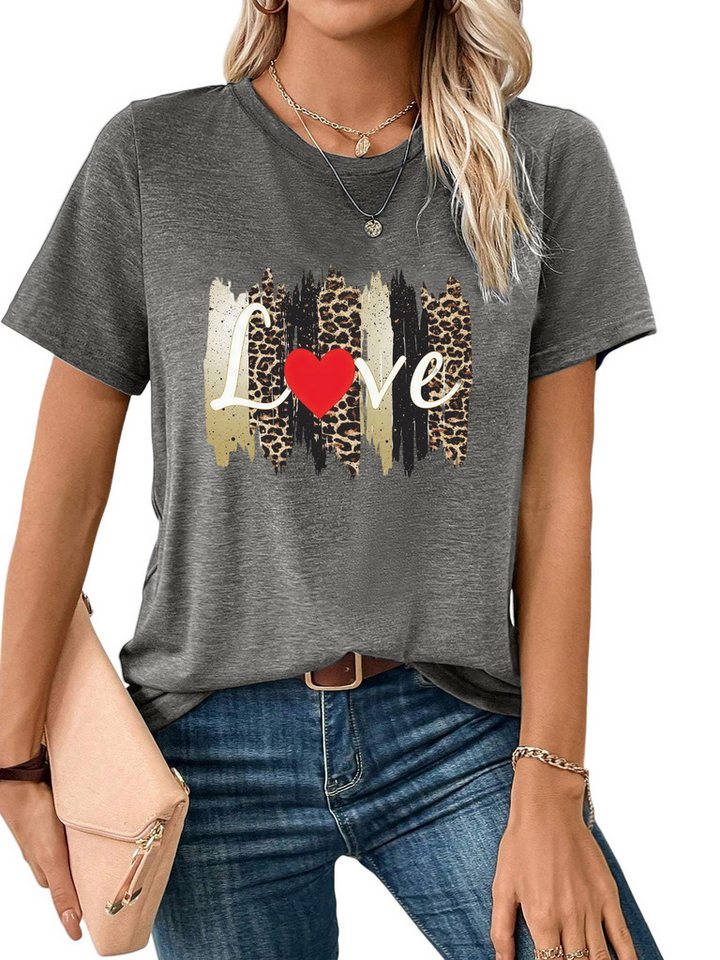 PYLIKE Rundhalsshirt Bequemes Shirt Damen Kurzarm Basic-Shirt mit Liebe ausgefallene Print von PYLIKE