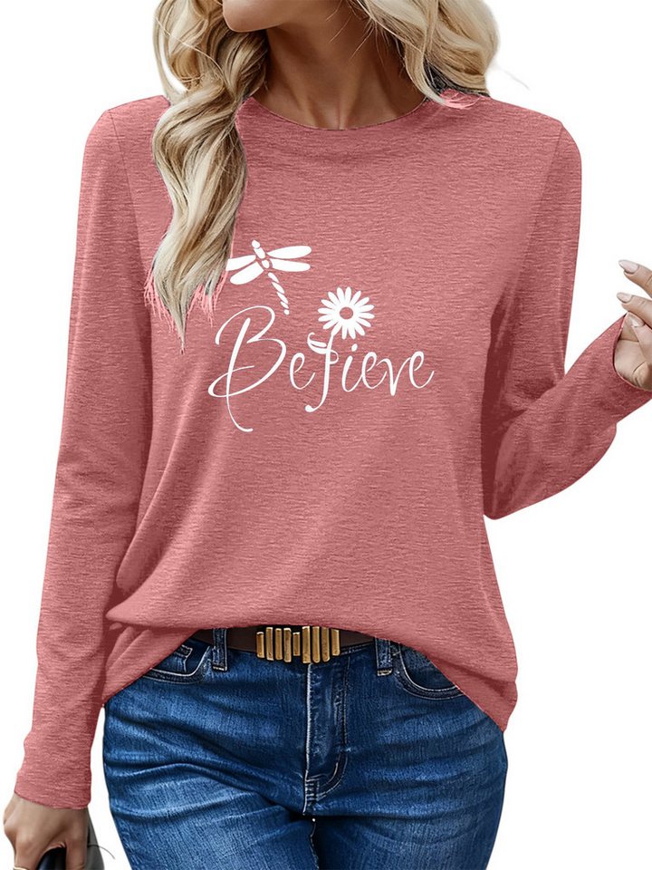 PYLIKE Rundhalsshirt Bequemes Shirt Damen Langarm Elegant Basic-Shirt mit Print Geeignet für den täglichen Gebrauch im Büro und zu Hause von PYLIKE