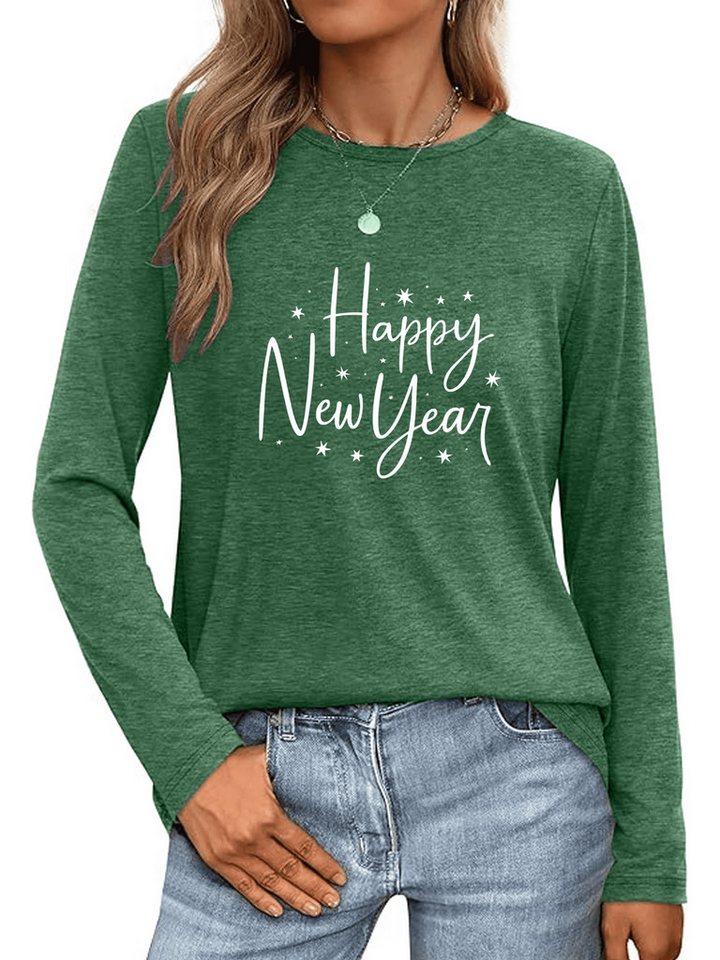 PYLIKE Rundhalsshirt Bequemes Shirt Damen Langarm Herbst Basic-Shirt mit Neujahr Print Geeignet für den täglichen Gebrauch im Büro und zu Hause von PYLIKE