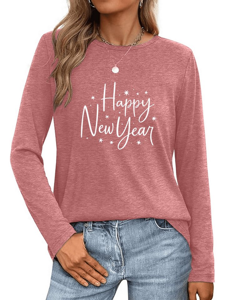 PYLIKE Rundhalsshirt Bequemes Shirt Damen Langarm Herbst Basic-Shirt mit Neujahr Print Geeignet für den täglichen Gebrauch im Büro und zu Hause von PYLIKE