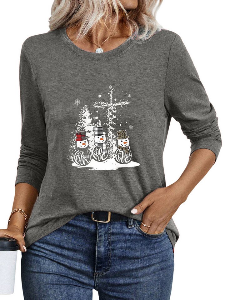 PYLIKE Rundhalsshirt Damen Bequemes Basic-Shirt mit Weihnachtsschneemann Print Weihnachts-Sonderanfertigungen von PYLIKE