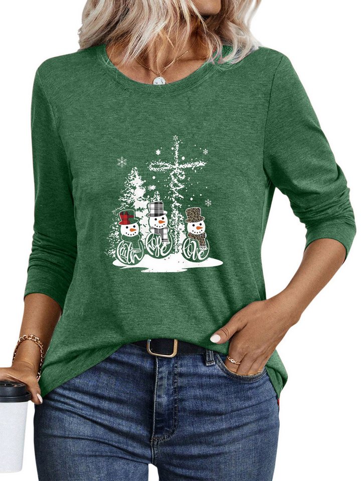 PYLIKE Rundhalsshirt Damen Bequemes Basic-Shirt mit Weihnachtsschneemann Print Weihnachts-Sonderanfertigungen von PYLIKE